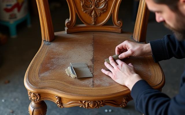 A skilled craftsman meticulously restoring an ornate antique chair, half-finished to show the before and after