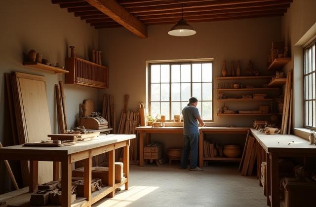 En tradisjonell snekkerverksted med moderne verktøy og naturlig lys, symboliserer Fabrikk Hjem's historie og håndverk.